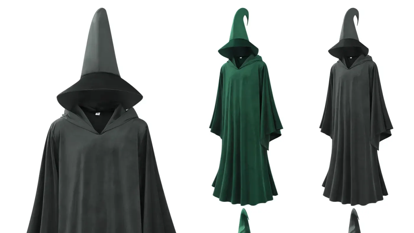Hooded Wizard Robes: Velvet, Grey-Green and Full-Length Drama