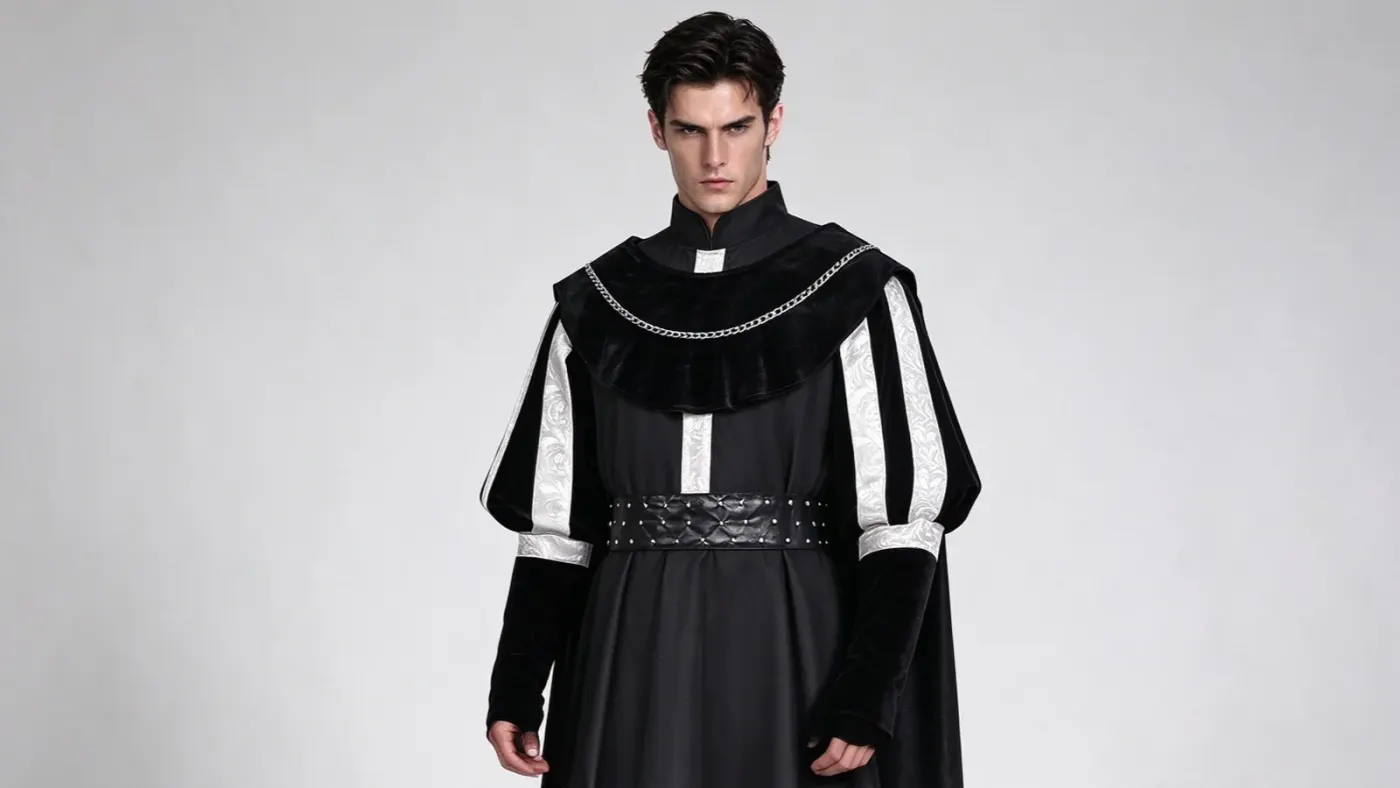 Tudor Nobleman Costume: Black Cloak, Printed Shirt and Royal Silhouette