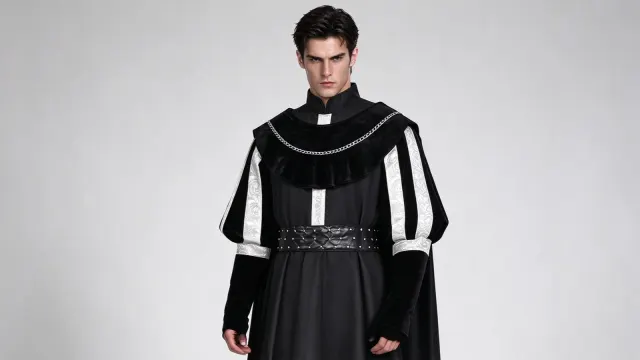 Tudor Nobleman Costume: Black Cloak, Printed Shirt and Royal Silhouette
