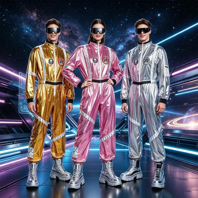 Adult 70s space-themed hippie cosplay costume shown as a sleeveless printed one-piece jumpsuit with long pants.