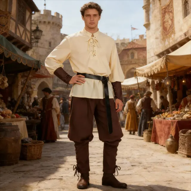 Adult Caribbean pirate costume set shown in beige and black with a shirt, jogger pants, and belt for Halloween or Renaissance wear.