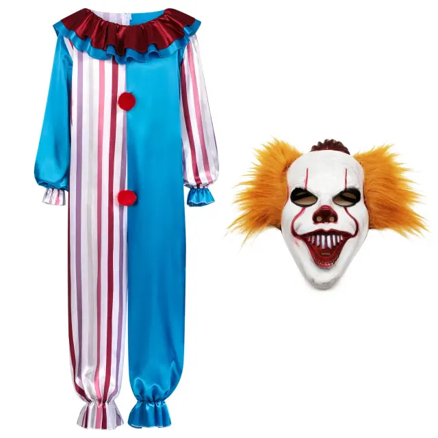 Adult evil clown Halloween cosplay jumpsuit costume with long sleeves and a striped pattern.