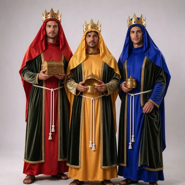 Adult unisex medieval king or prince costume with a long cape, long-sleeve printed top, and long pants, shown in blue.