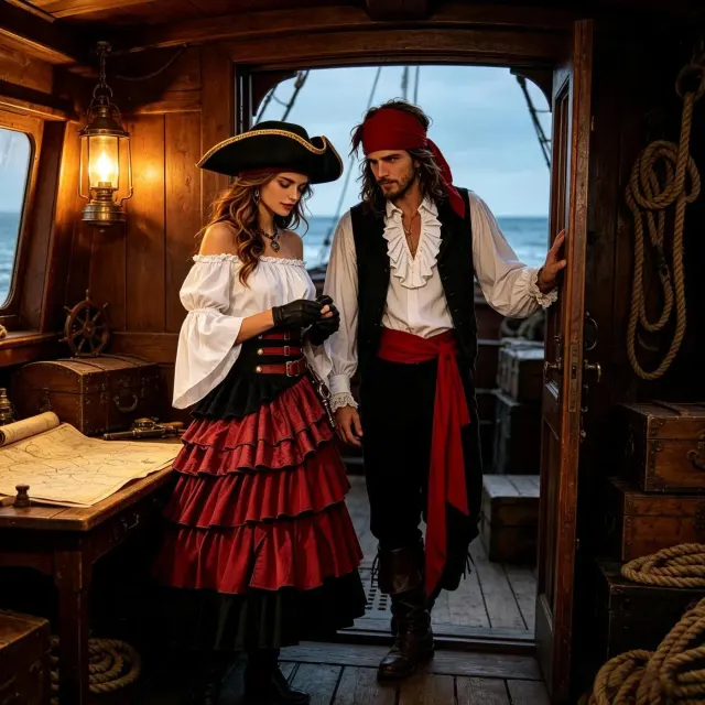 Adult pirate couple cosplay costumes featuring a women's shirt-and-skirt set and a men's shirt, pants, vest, belt, and headscarf.