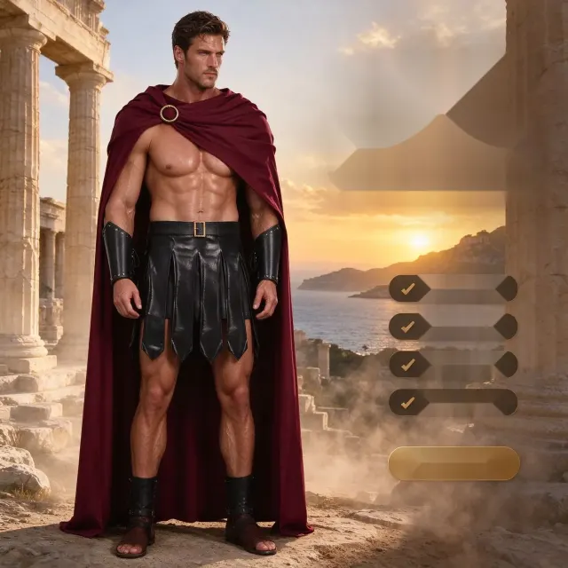 Ancient Greek Roman gladiator cosplay costume set with a cloak, battle skirt, and wrist guards.