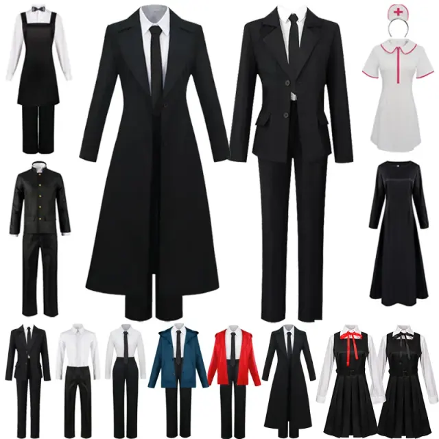 Anime devil hunter cosplay costume set displayed with a long trench coat, shirt, tie, and pants.