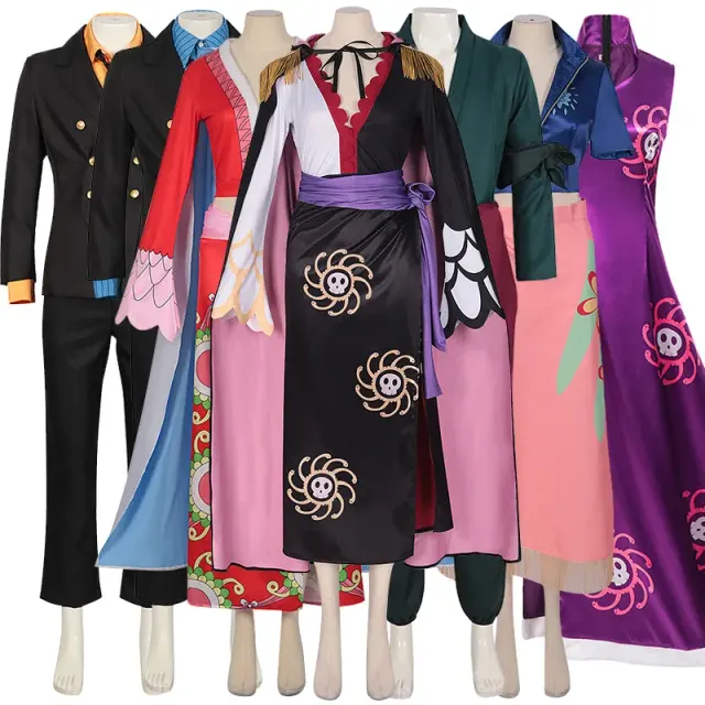 Anime pirate cosplay costume set featuring five character-inspired styles, including a purple qipao, black and red sets with capes, a Nico Robin set, and a Zoro robe outfit.