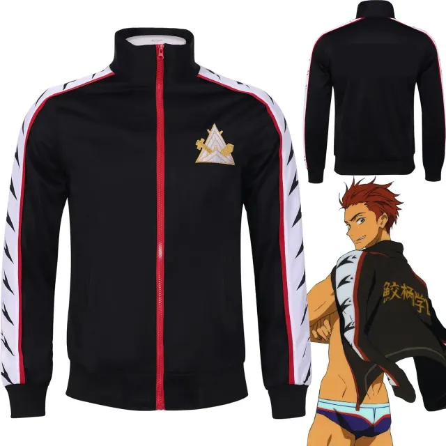 Black anime swim club cosplay sweatshirt jacket with embroidered and printed details.