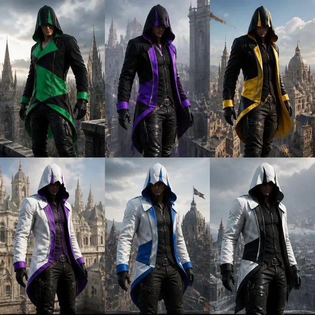 Men's Assassin's Creed Connor medieval hooded tailcoat cosplay costume in a black and green two-tone colorway.