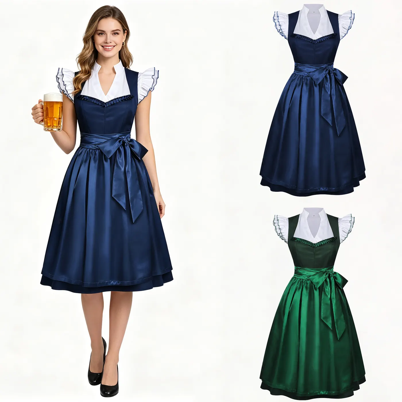 Solid green Bavarian beer maid dress with a full skirt, designed for Oktoberfest cosplay and stage performances.