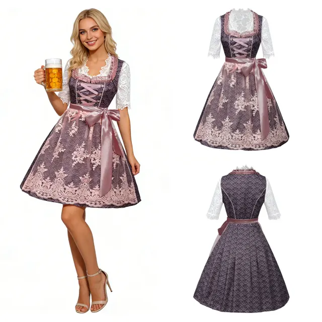 Women's Bavarian beer maid dress with short sleeves and a lace-up detail, styled for Oktoberfest or cosplay.