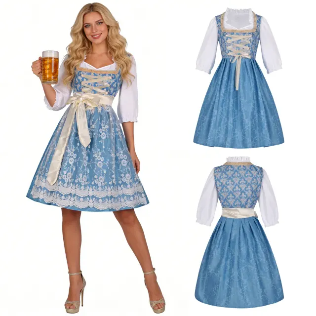 Women's dark blue Bavarian beer dress styled for Oktoberfest and Halloween cosplay.