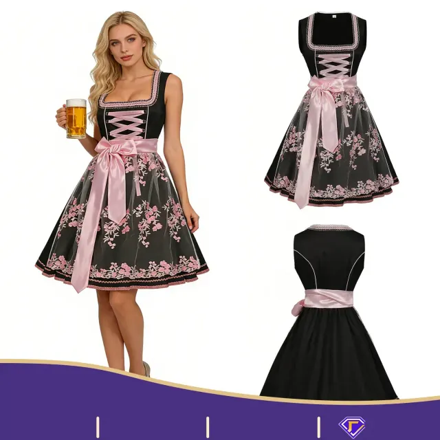 Bavarian Oktoberfest maid dress with a floral pattern and sleeveless straps for Halloween cosplay and stage use.