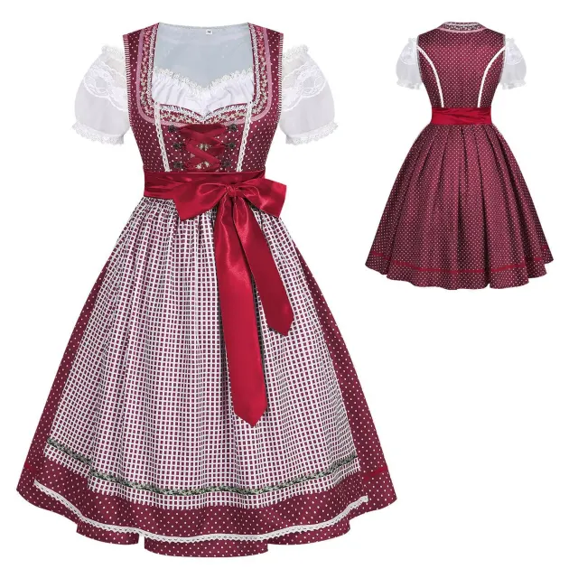 Rotes ärmelloses bayerisches Oktoberfest-Magd-Kleid mit taillierter Passform und langem Rock.