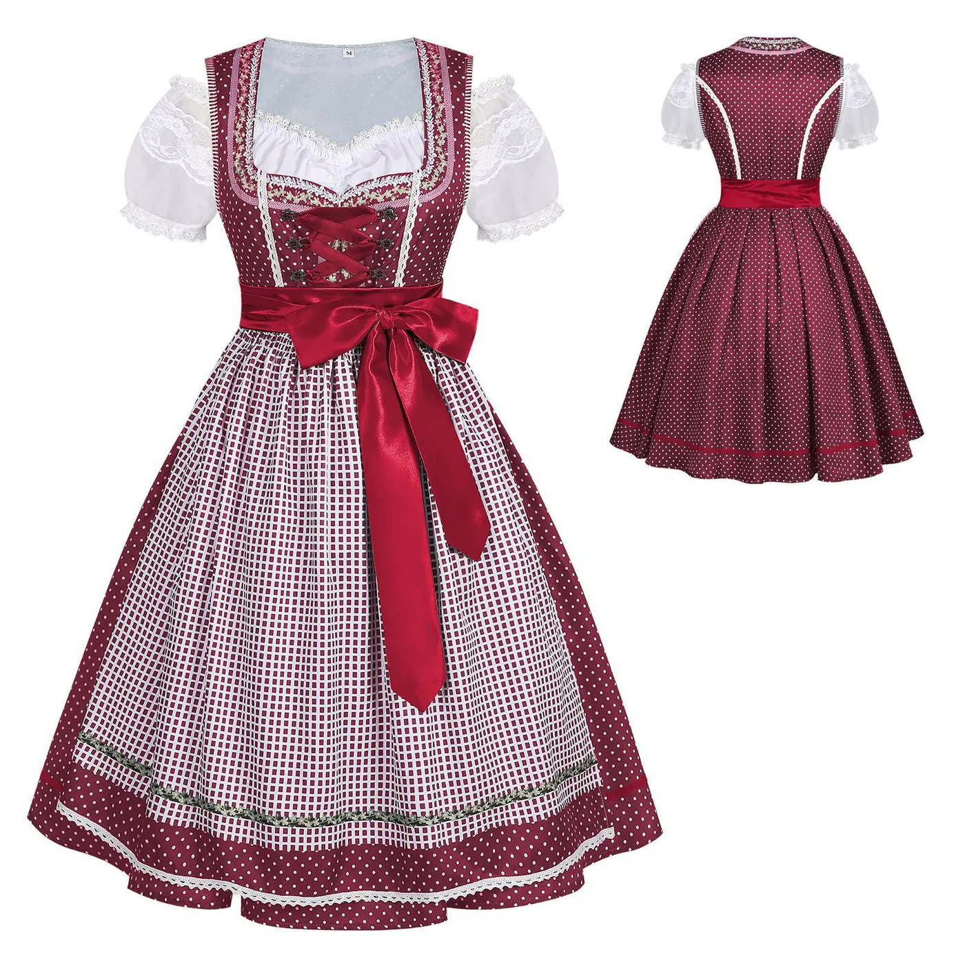 Red sleeveless Bavarian Oktoberfest maid dress with a fitted waist and long skirt.