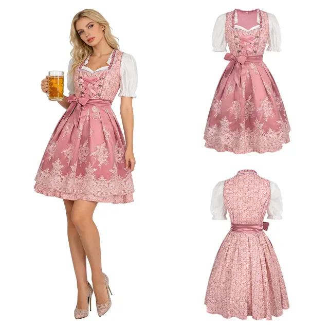 A women's Bavarian print lace-up Oktoberfest maid dress set shown in the in-stock beer dress style.