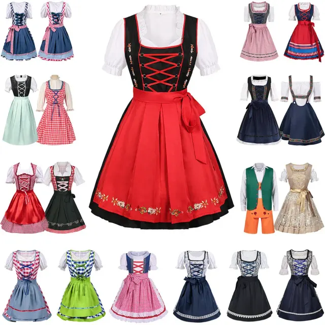 Schulterfreies Bierfest-Magd-Kleid-Set mit Kurzärmeln und Spitzen-Colorblock-Details.