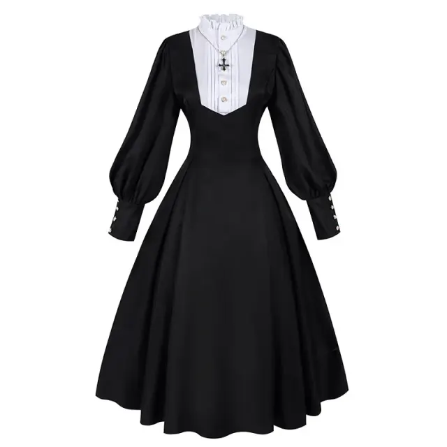 Women's Black Nun Cosplay Long-Sleeve Lace Dress Set detail 1