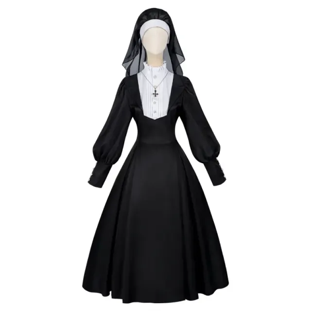 Women's Black Nun Cosplay Long-Sleeve Lace Dress Set detail 2