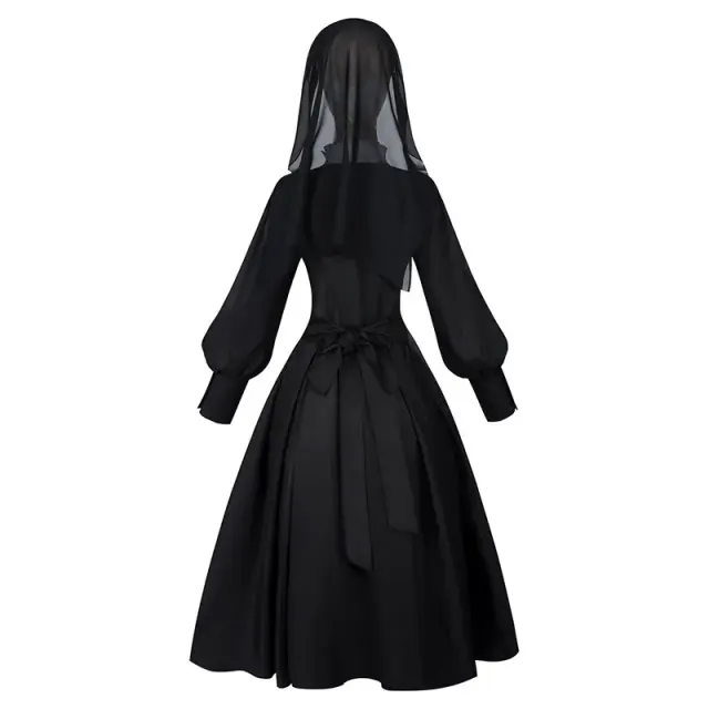 Women's Black Nun Cosplay Long-Sleeve Lace Dress Set detail 3