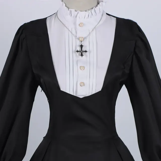Women's Black Nun Cosplay Long-Sleeve Lace Dress Set detail 9