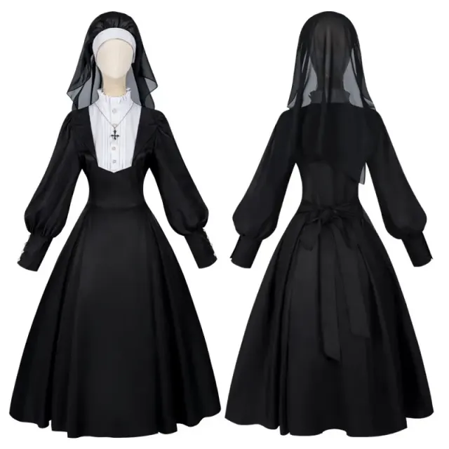 Black long-sleeve nun cosplay dress set with lace trim and a solid-color finish.