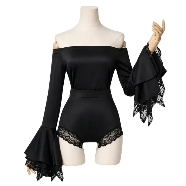 Black Off-Shoulder Lace Bell-Sleeve Performance Bodysuit detail 1