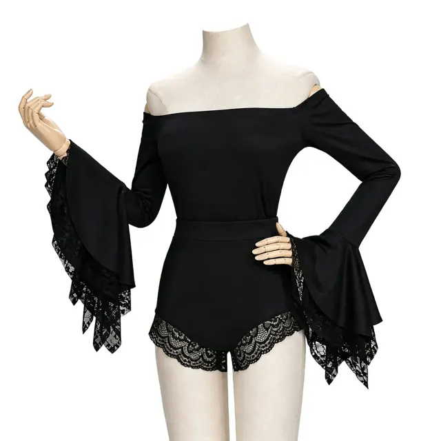 Black Off-Shoulder Lace Bell-Sleeve Performance Bodysuit detail 2