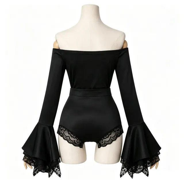 Black Off-Shoulder Lace Bell-Sleeve Performance Bodysuit detail 3