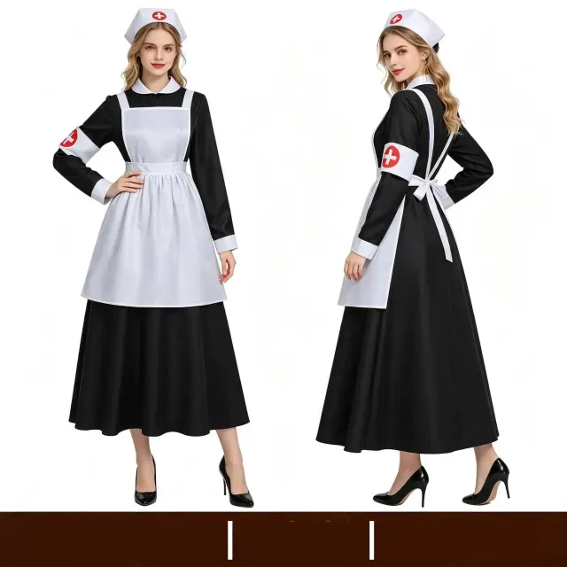 Black and white nurse cosplay costume with a maid-inspired stage outfit design, shown as a full costume set.