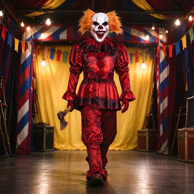 A bloody Pennywise-style clown cosplay costume with a printed shirt-style top and long pants for Halloween parties.