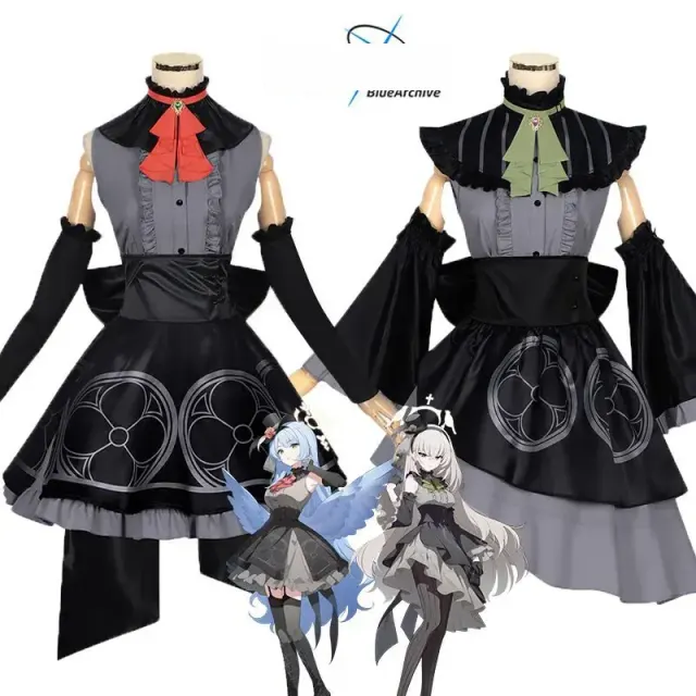 Blue Archive-style women's cosplay uniform dress set shown with Aomori Mine and Utazumi Sakurako costume options.
