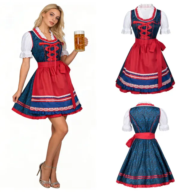 Women's blue Bavarian beer maid cosplay dress with apron and camisole straps.