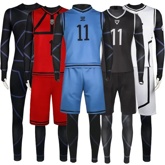 Blue Lock anime cosplay basketball jersey set displayed in a unisex convention-ready style.