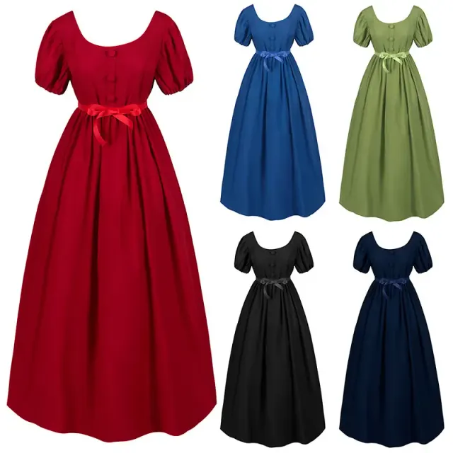 A vintage-inspired Bridgerton Regency high-waist ball gown with Victorian tea-dress styling.