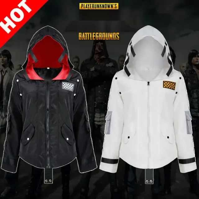 A black chicken dinner game-style cosplay jacket is shown.