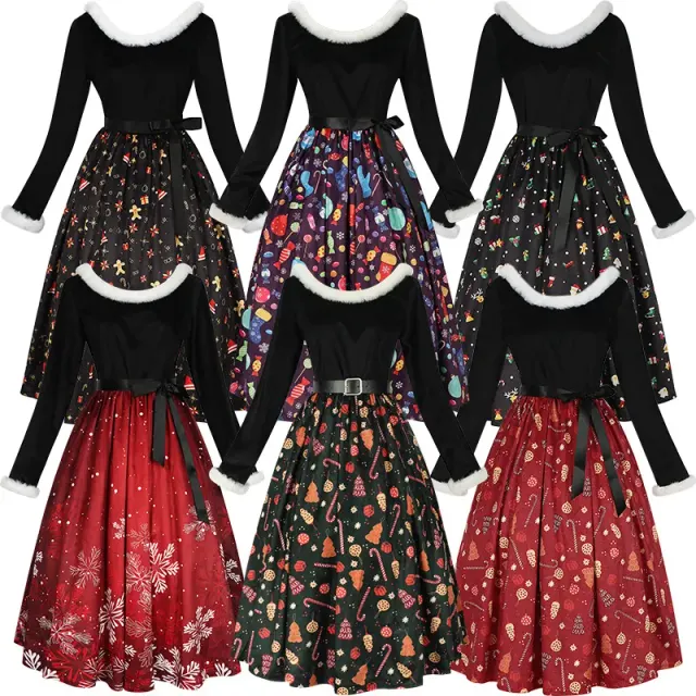 A unisex Christmas-themed print cosplay dress for Halloween and holiday party costumes.