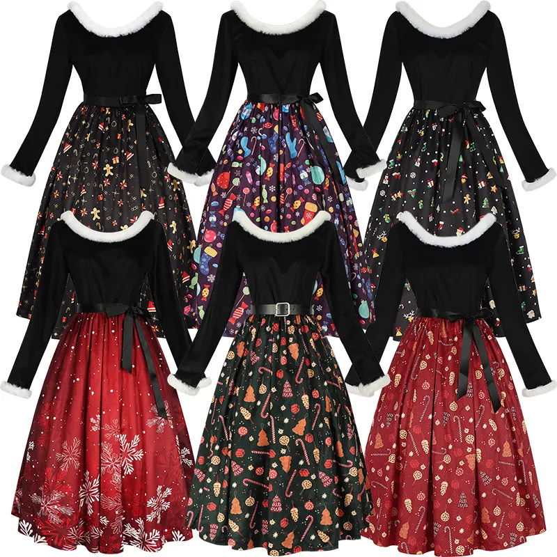 A unisex Christmas-themed print cosplay dress for Halloween and holiday party costumes.