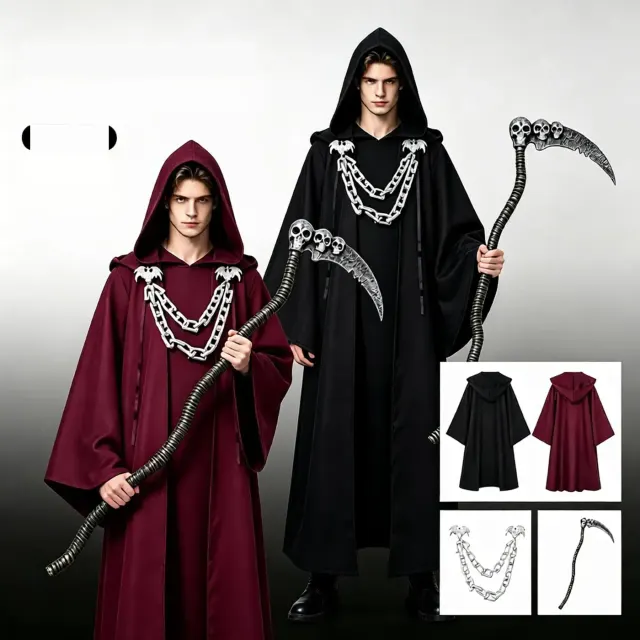 Black hooded chain priest robe with dark Gothic styling for Halloween and medieval cosplay.