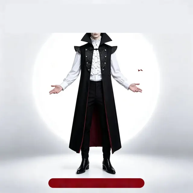 Men's Dark Night Duke cosplay costume set featuring a long high-neck jacquard coat, shirt, and pants in a vintage stage style.