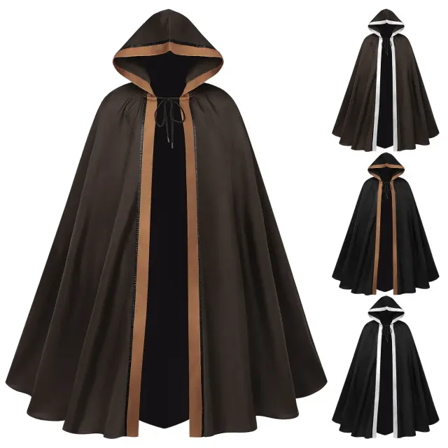 Dark patchwork hooded cosplay cape with a lace-up front, shown in a black and brown colorway.