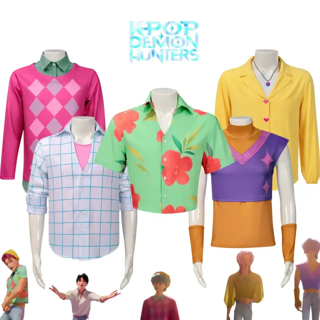 A men's Demon Hunter Boy Band cosplay set features a long-sleeve floral print shirt and shorts in a street-style design.