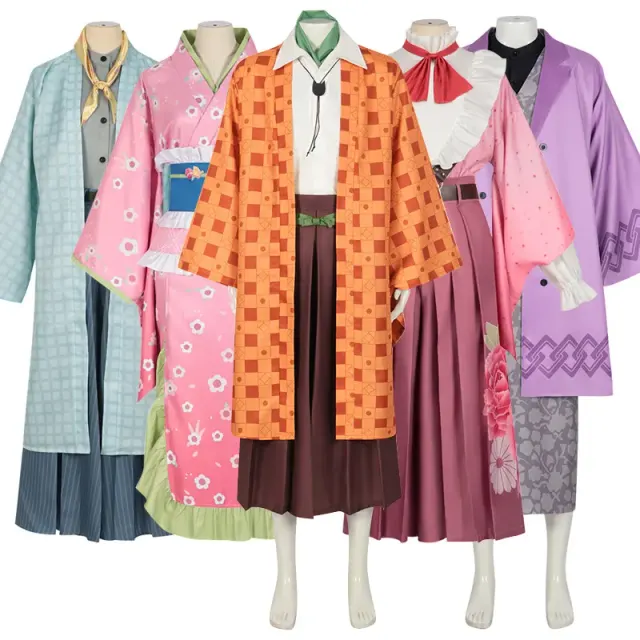Demon Slayer cosplay costume full set with character-inspired styling and an optional Mitsuri Kanroji wig.