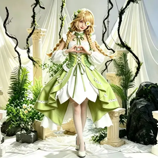 A sleeveless Heather Spring Story cosplay dress with a floral pattern, shown in the main costume option.