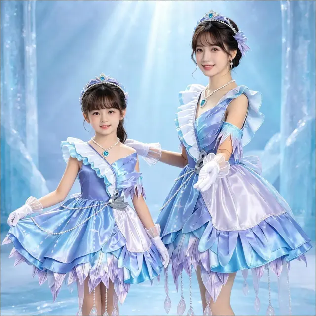 A Heather Swan Feather satin cosplay dress with a game-inspired design, available for adults and kids.