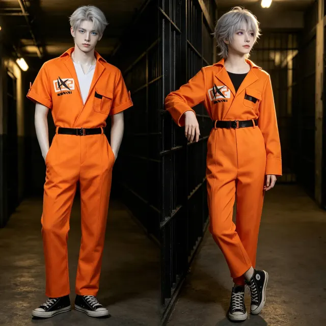 Esper Zero men's and women's prisoner uniform cosplay costumes with long sleeves, a letter pattern, and polyester fabric.