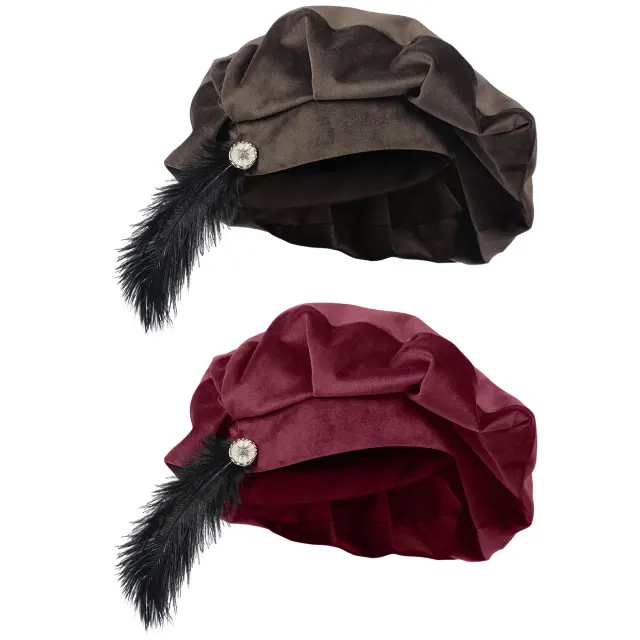 A brown feather-trimmed Tudor beret hat designed for medieval, Renaissance, and stage cosplay costumes.