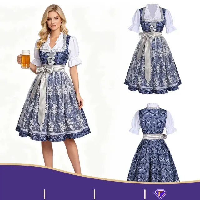 A women's floral Bavarian Oktoberfest dress styled for maid cosplay and festive party wear.