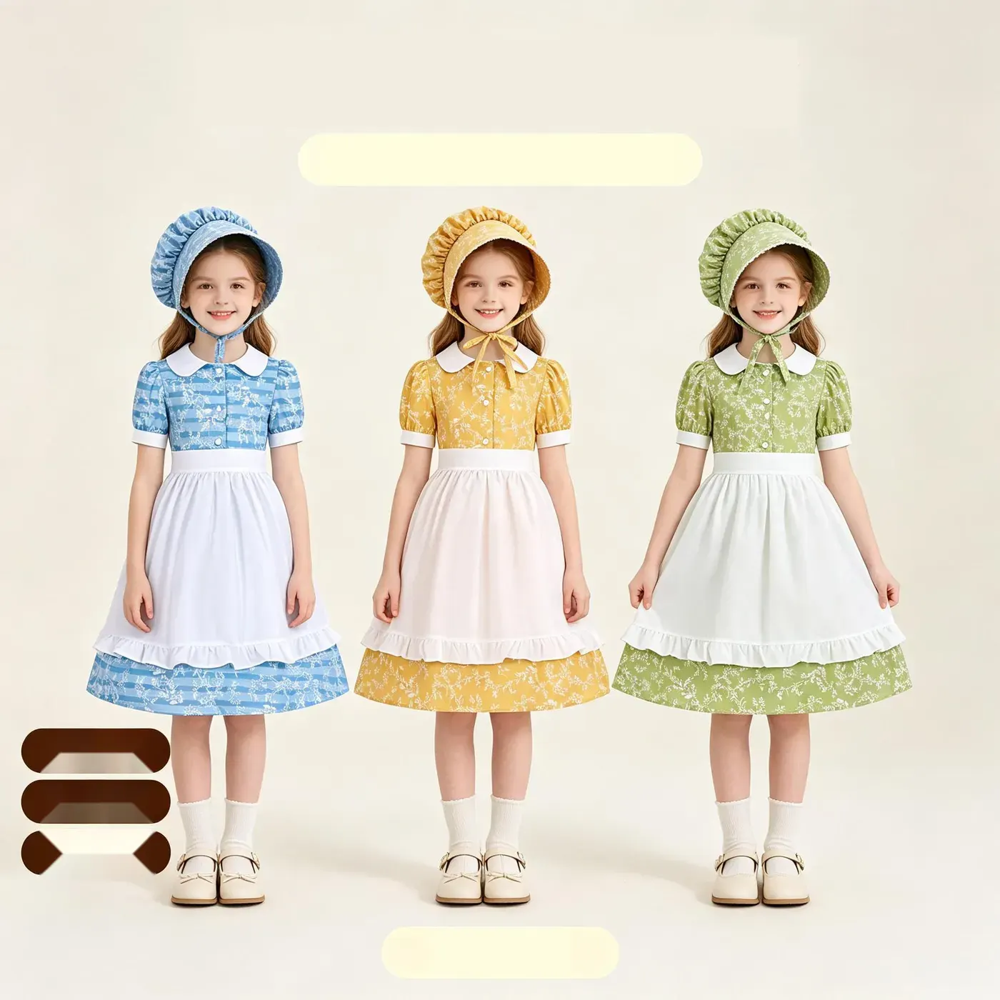 A girls' blue floral prairie pioneer dress styled for Oktoberfest or stage performances.