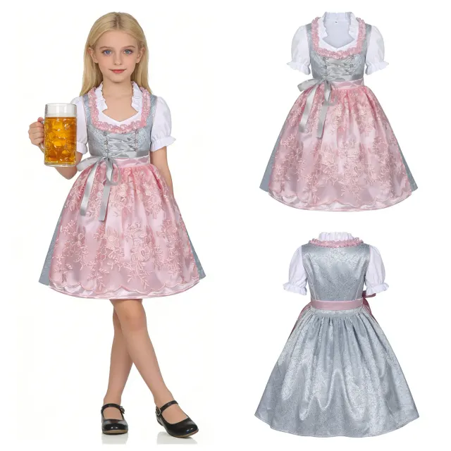 Girls' retro Oktoberfest dress set with lace-up styling and lace trim.
